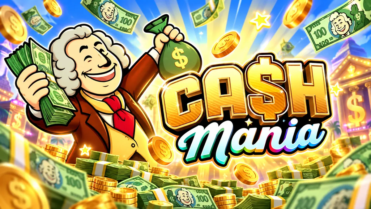 Illustration of a cheerful figure in historical dress surrounded by gold coins and banknotes with Cash Mania lettering